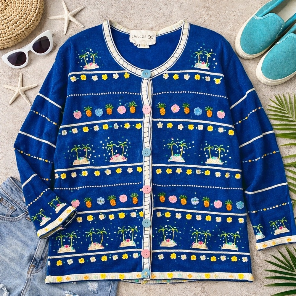 Just B Womens Blue Tropical Embroidered Sequin Cardigan Sweater XL Palm Tree